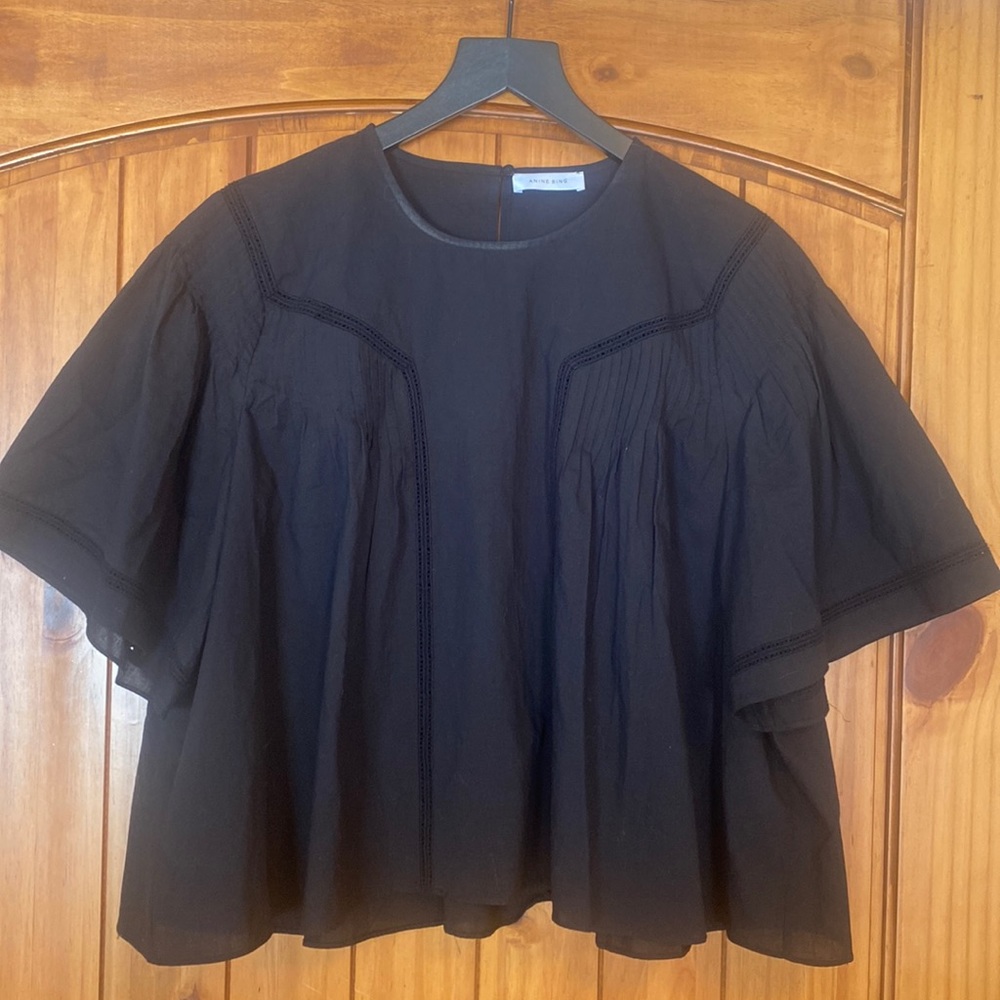 ANINE BING | Black cotton voile pintuck top